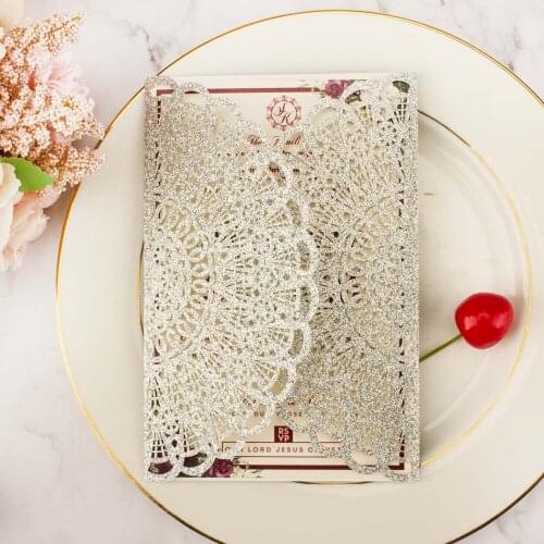 1pcs sample hollow Laser Cut Gold glitter wedding invitation cards with Embossed Wholesale greeting pocket invite cover