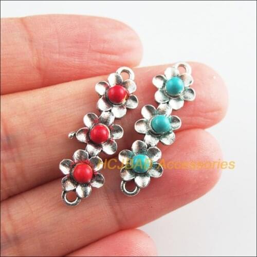 12Pcs Tibetan Silver Tone Flower Red & Blue Stone Star Charms Connectors 8.5x28mm