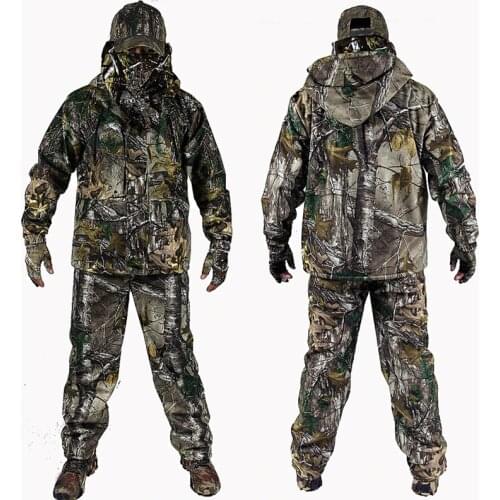 4 PC Winter Bionic Camouflage Hunting Suits Outdoor Military Tactical Hiking Clothing Jacket Pants Windbreaker Hoodie Gloves Hat