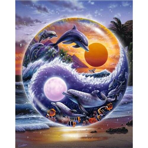 5D Diy Abstract art square round drill Diamond Painting Dolphins Sea turtles Yin and Yang Dolphins Kit Handicrafts GG034