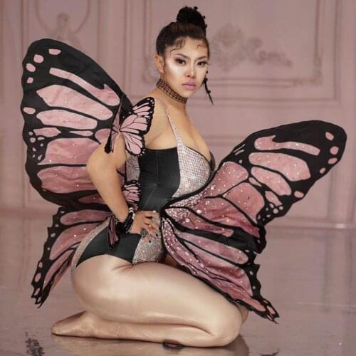 Pink Butterfly Wings Bodysuit Women Nightclub Stage Outfits Women Party Show Performance Dance Coatume Halloween Cosplay Costume
