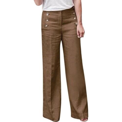 2019 Hot Summer Pants Womens Solid Cotton Linen Button Wide Leg Pants Plus Size Women Casual High Waist Trousers Five Color