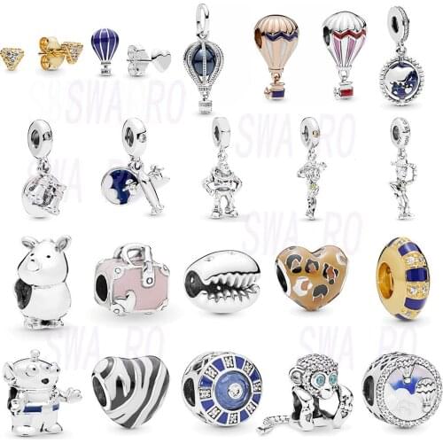 CHAMSS New S925 Blue Hot Air Balloon Monkey Athlete Pendant Beads Triangle Earrings Original Female Bracelet Wild DIY Jewelry