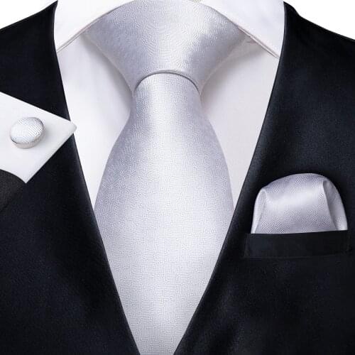 DiBanGu Luxury White Solid Gift Tie for Men Hanky Cufflinks Neck Tie 100% Silk Mens Tie Business Wedding Party Tie Set MJ-7031