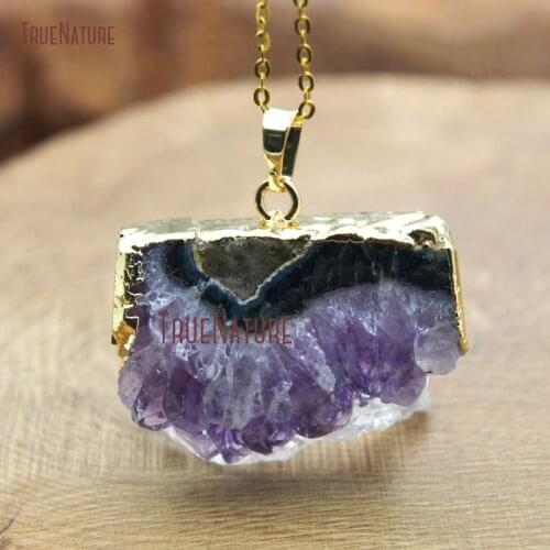 Random Shape Stone Charm Gold Finish Copper Chains Amethysts Nature Cluster Pendant Necklace Chains In 18 inch NM10592