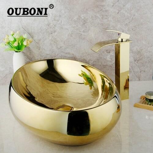 OUBONI Golden Bathroom Ceramic Basin Sink Golden Plated Solid Brass Faucet Tap Set Bowl Vessel Washbasin Sink W/ Pop Drain