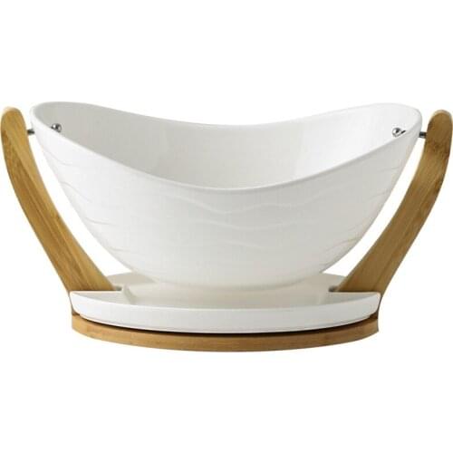 Ceramic Fruit Bowl Wooden Frame Fruit Basket Stand Drain Fruit Plate for Kitchen Living Room Ornaments Home Decoration