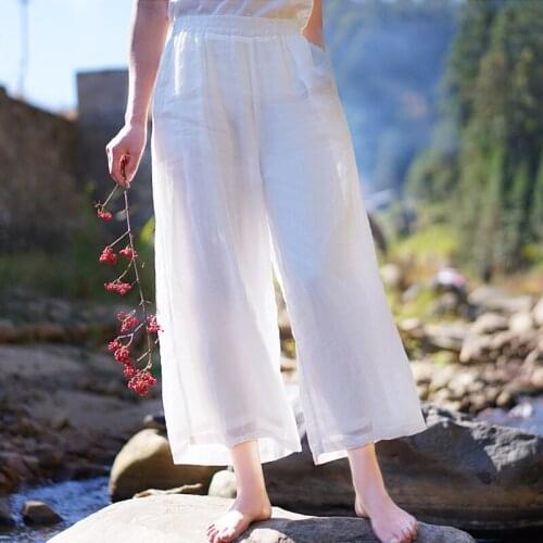 Summer double layer clear loose casual versatile Xianqi ramie pants elastic waist literature wide leg pants female A10