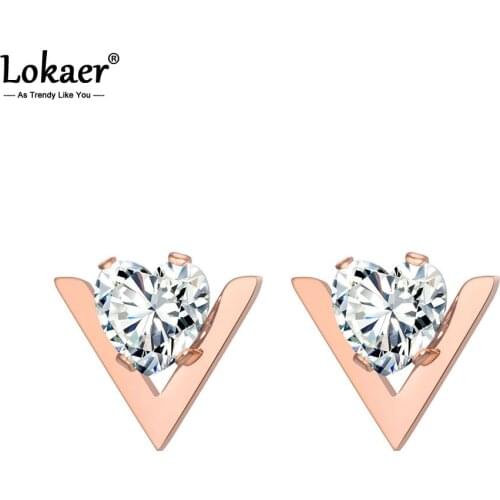 Lokaer Trendy Heart Shape Clear CZ Crystal Stud Earrings Jewelry Rose Gold Stainless Steel Earrings For Women Girls E19149