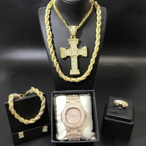 Hip Hop Men Gold Color Watch & Neckalce & Braclete & Ring & Earrings Combo Set Ice Out Cuban Jewerly In Crystal Hip Hop For Men