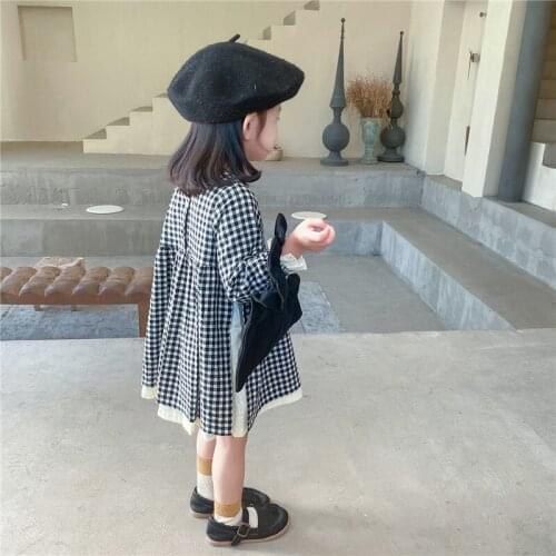 Girlss Dress Knee Length O-neck Collar Regular Plaid Full Sleeve Cotton New Fashion Casual Sweet Spring Autumn Children Kids