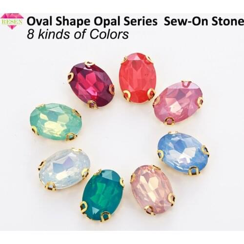 RESEN 20PCS Mix Colors Oval Shape Sew on Rhinestones With Gold Claw Set Resin Opal Pink/ Green/Peach/Blue/White Stones For DIY