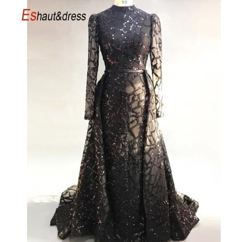 Luxury Dubai Black/Burgundy Sequins Mermaid Evening Dress 2020 Long Sleeves High Neck Detachable Cape Prom Party Gowns
