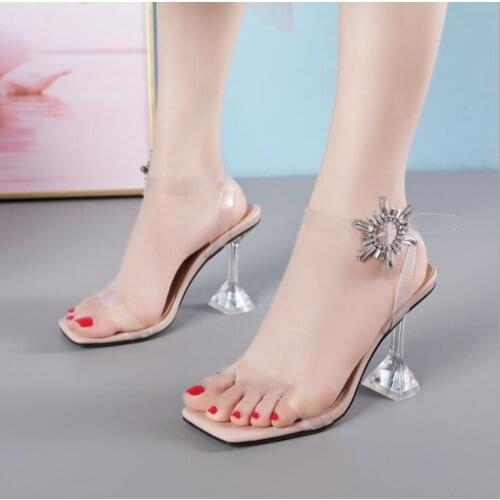 NEW Square Toe Summer Women Sandals Fashion Transparent Spike Heels Thin High Heel Buckle Strap Party Dress Ladies Shoes Large