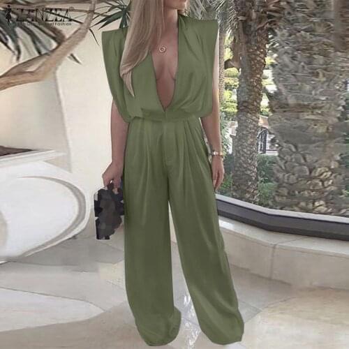 Sexy Deep V Neck Jumpsuits Womens Summer Overalls ZANZEA 2021 Casual Lace Up Sleeveless Rompers Female Solid Pants Plus Size