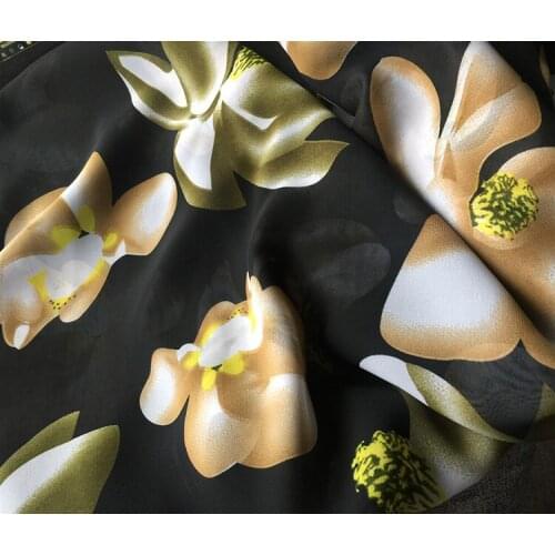 Silk Georgette Chiffon Fabric Black Striped magnolia flower Printed Polyester Printed Flower Dress DIY Sweing