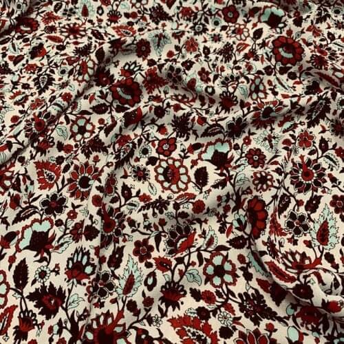 140CM Wide 18MM Red Floral Print Beige Silk Crepe Fabric for Summer Dress Shirt Cheongsam Suit Pants G059