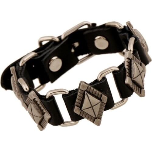 Punk Fashion Alloy Beads Bracelet Cuff Black Genuine Leather Vintage Rivets Charm Wristbands Handmade Wrap Bangle Hiphop Jewelry