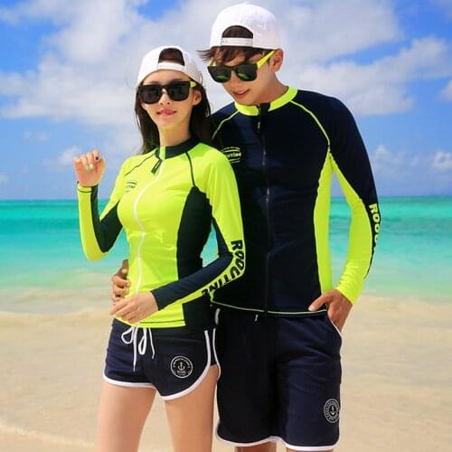 Womens or Mens Rashguards Long Sleeve Zip Shirt Top Blouse & Trunks Sets Neon green/Black Sun UV Protection Swimsuit Beachwear
