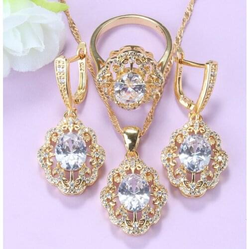 Elegant Women Sets White Cubic Zirconia Flower Wedding Costume Earrings Necklace And Pendant Ring Gold-Color Jewelry