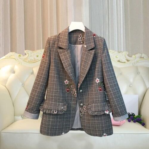 4xl retro style spring autumn 2021 new embroidered plaid suit jacket women large size long-sleeved suit loose slimming coat s31
