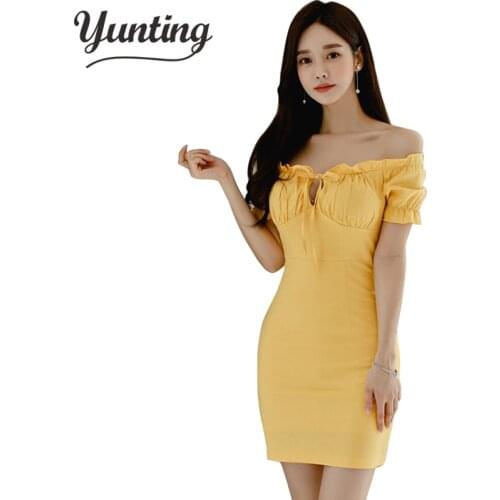 Womens princess Yellow Mini dress slash neck high waist puff sleeve Dress New 2021