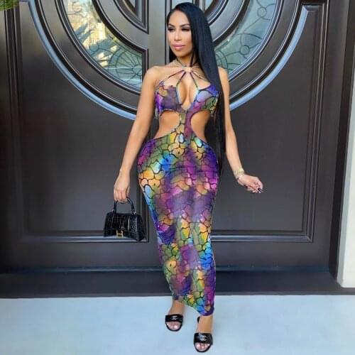 Summer Dress Women 2021 Elegant Colorful Print Halter Cut Out Strap Bandage Bodycon Long Maxi Dress Sexy Club Robe Lounge Femme