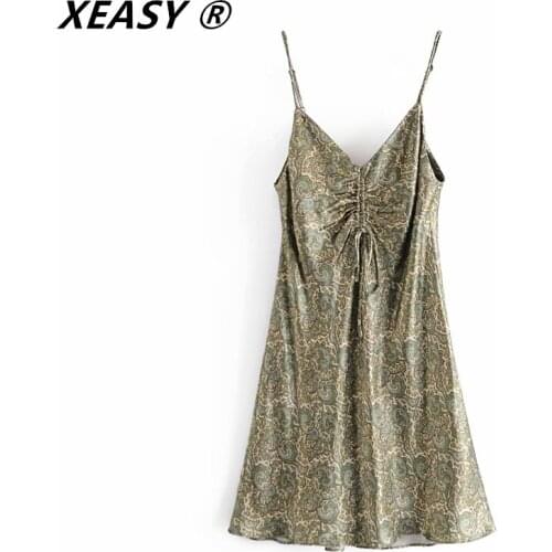 XEASY Women 2021 Chic Fashion With Bow Paisley Print Cozy Mini Dress Vintage V Neck Adjustable Straps Female Dresses Mujer