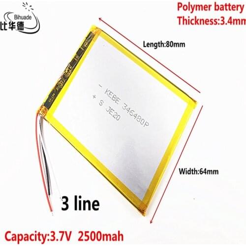3 line Liter energy battery Good Qulity 3.7V,2500mAH 346480 Polymer lithium ion / Li-ion battery for tablet pc BANK,GPS,mp3,mp4