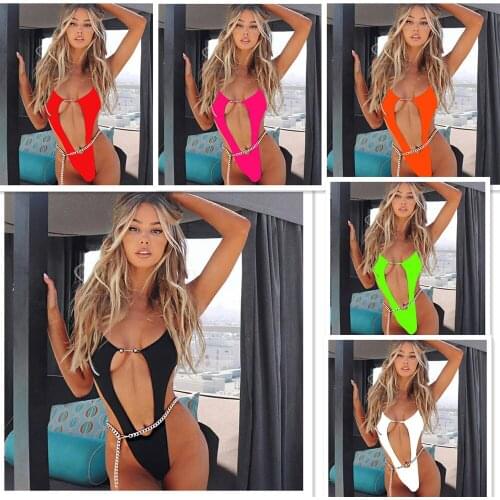 European And American Chain One Piece Swimsuit 2021 Hot New Solid Sexy Open Back Beach For Women Swimwear