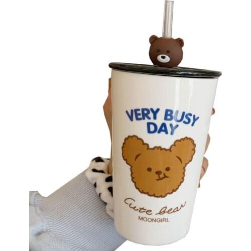 Bear Pattern Ceramic Mug Student cute Bottle Cartoon Frosted water Bottles Leak-proof Drinkware Panda Straw milk tea cup Gifts