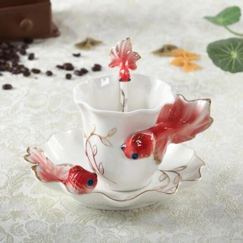 3D Goldfish Coffee Cup With Saucer And Spoon Set Fashion Hand Crafted Porcelain Enamel Tea Valentines Day Gift