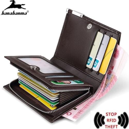 Rfid wallet men short zipper business card holder Split Leather erkek cuzdan luxury wallet Compartment money bag radio frequency