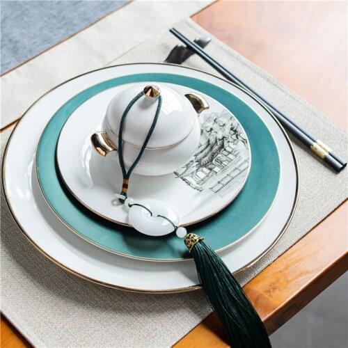 Chinese Style Model Room Western Food Plate Ink Ancient Architectural Pattern Steak Plate Clubhouse Hotel Home Tableware Set