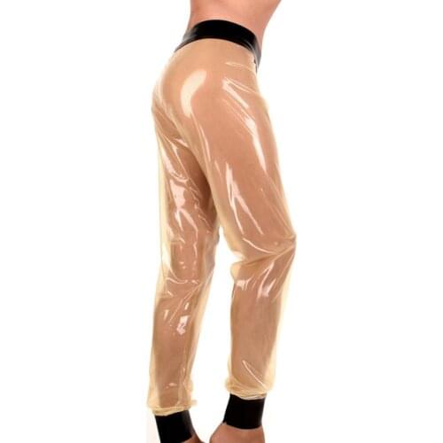 No zipper mens cool & sexy transparent latex pants with black trims decorations