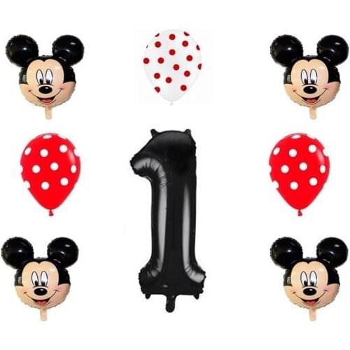 Lot 8 balloons Mickey balloon number 1 black 100 cm 4 balloons mickey 35x30 cm and three polka dot balloons 35 cm inflate air or helium