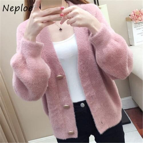 Neploe Autumn 2021 Korean Mink Fleece Knitted Cardigan Jacket Short Loose Long Sleeve Women Sweater Outer Sweaters Women Jacket