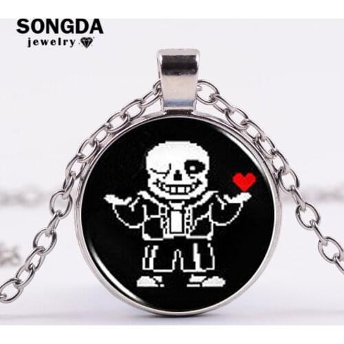 SONGDA Anime Game Undertale Collection Necklace Sans Papyrus Chara Asriel Frisk Flower Pixel Figure Glass Round Pendant Necklace