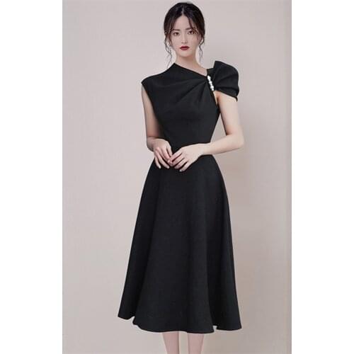 Summer Women Sexy Oblique Black Asymmetric Collar Pearls Bow Dress Elegant Lady Sleeveless High Waist Big Swing Long Party Dress