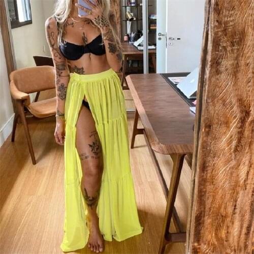 2021 Pleated Beachskirt High Split See-through Chiffon Cover-Ups Women Long Skirt Beach Dress for Summer Swimwears