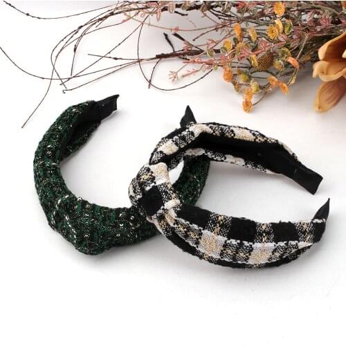 2021 Classic Sequin Plaid Cross Knotted Headband Bezel Hair Band for Women Girls Fashion Hair Accessories Ornaments Headwear
