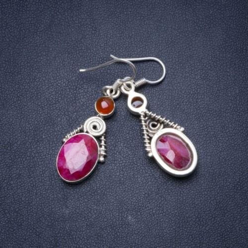 Natural Cherry Ruby and Carnelian Handmade Unique 925 Sterling Silver Earrings 1.75" Y0172