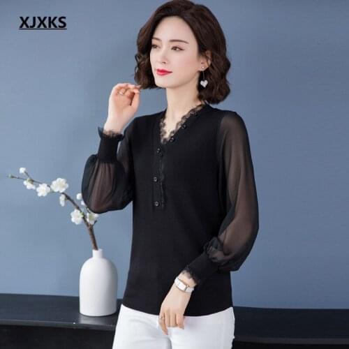 XJXKS 2021 autumn new fashion stitching chiffon sleeve women thin sweater comfortable V-neck long-sleeved top women sweater
