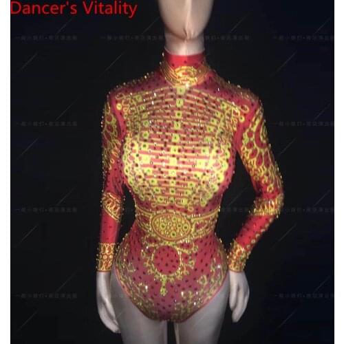 Western Bar Sexy Stage Wear DS Performance Costume Red Classic Slim Fit Backless Body Suit Pole Jazz Dancer Clothes Outfits Set