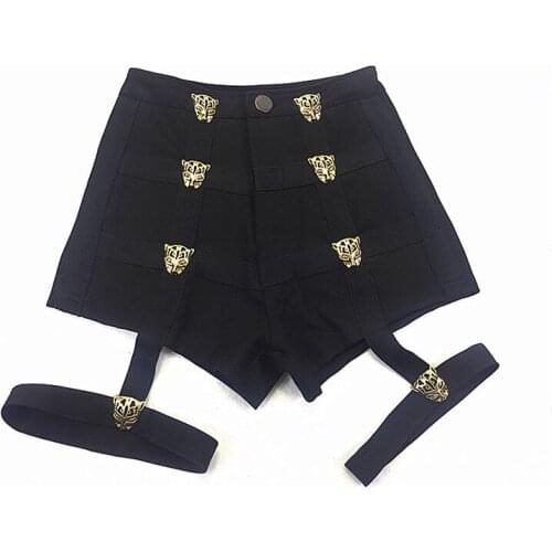 2019 New arrival Punk Women Shorts Metal Leopard Button Decoration Elastic Band Hollow Out Hip Pop Summer Sexy Fashion Shorts