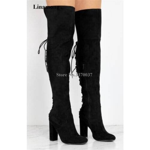 Hot Selling Women Fashion Black Suede Leather Over Knee Chunky Heel Gladiator Boots Back Lace-up Long Thick High Heel Boots