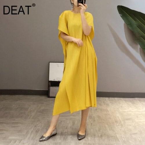 DEAT Frilly Dress Woman Solid A Line Long Length High Waist Dresses O Collar Short Sleeve Casual 2021 New Summer Fashion AR547