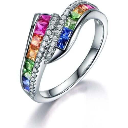 Womens Silver Plated Ring Elegant Color Stone Rainbow Wedding Ring Fashion Jewelry Promise Love Engagement Rings Anec