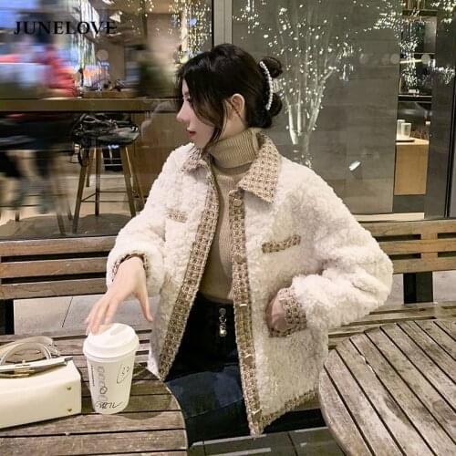 JuneLove Faux Lamb Wool Fur Jacket Women Vintage Stitching Long Sleeve Shirling Coat Ladies Korean High Street Lady Winter Coats