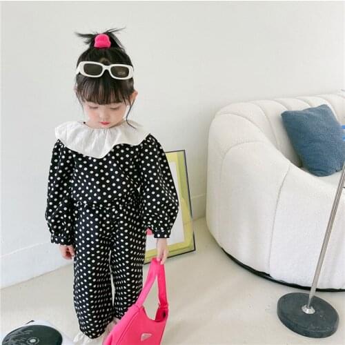Spring Autumn Girls 2 Pcs Set Baby Blouse + Pants Kids Suits Children Clothes Dot Print Ruffle Petal Collar Velvet 1 To 7 Yrs